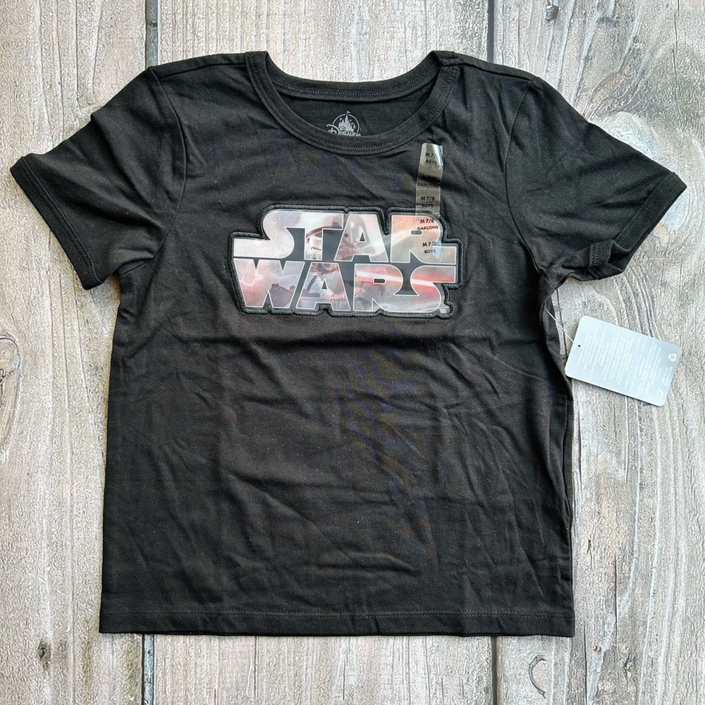 Disney Star Wars size 7-8 Kids Black Short Sleeve T-Shirt, Tee With Iconic Logo